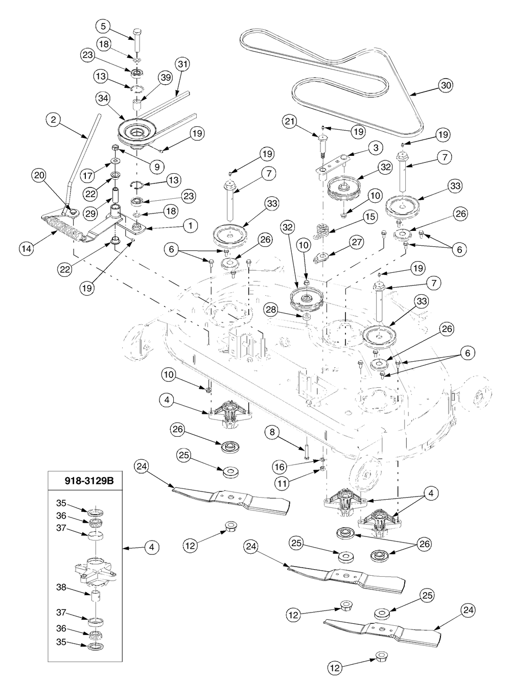Deck Drive 44 Inch And Spindle Assembly Diagram and Parts List for GT2544 K015-Before-13A2D7L710 Cub Cadet Lawn Tractor